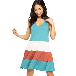 NWT Sol Angeles Teal and Rust Tiered Mini Dress M